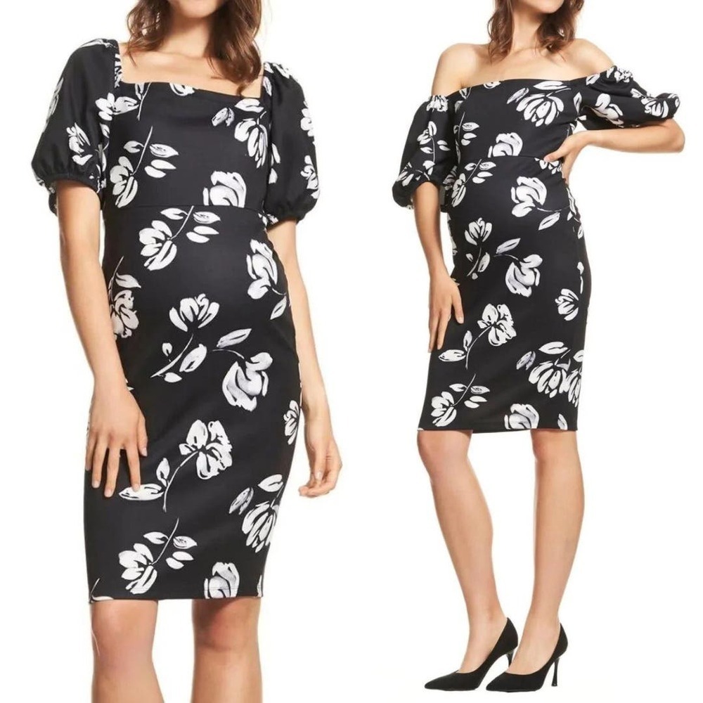 Soon Maternity Floral Puff Sleeve Square Neck Ruched Side Mini Dress Black - M